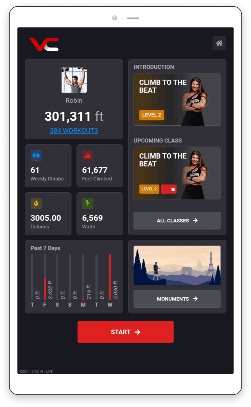 VersaClimber app dashboard on the TS-M tablet