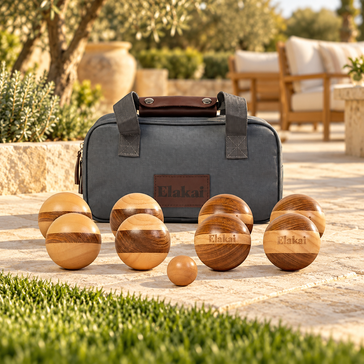 Elakai Hevea Roamer Bocce Set in an AI-styled outdoor setting