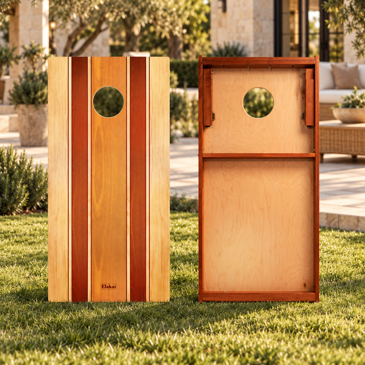 Elakai Classic Woody Mahogany Pathfinder Cornhole Boards in an AI-styled outdoor setting