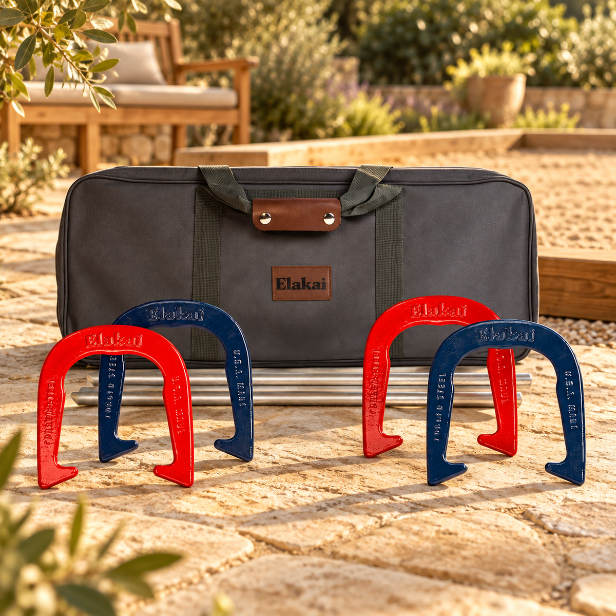 Elakai Forged Steel Outlander Horseshoe Set in an AI-styled outdoor setting