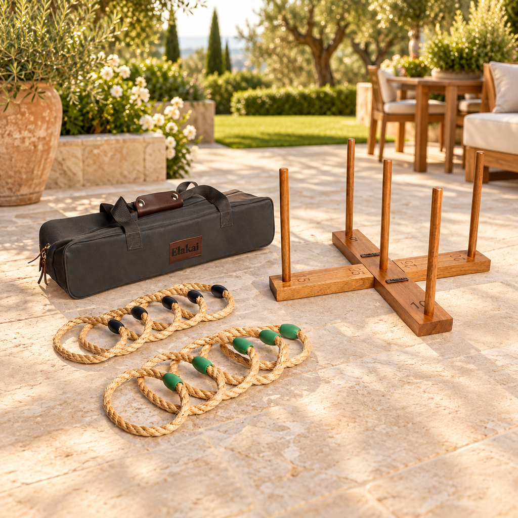 Elakai Acacia Wrangler Ring Toss Game in an AI-styled outdoor setting