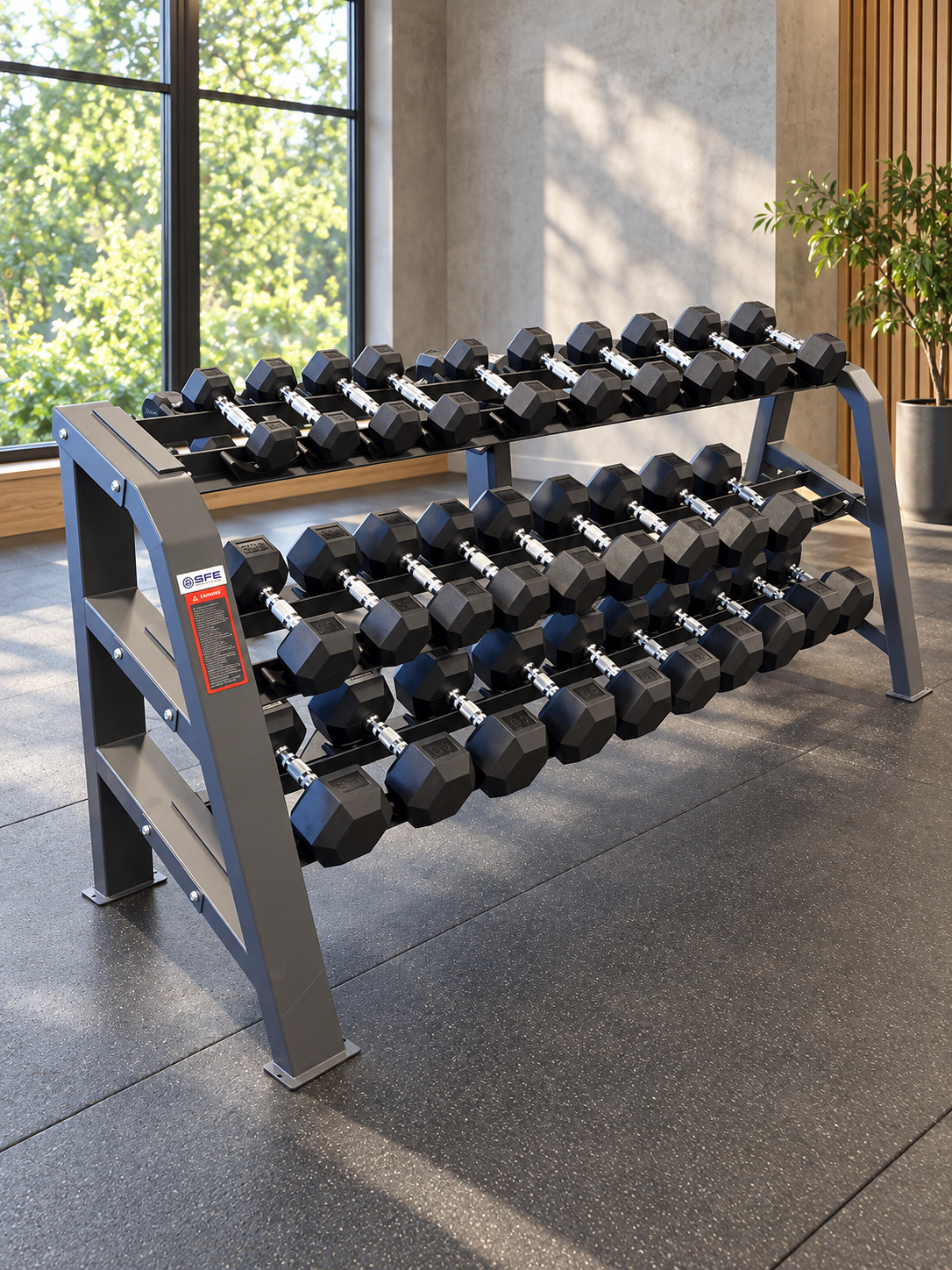 SFE 15-pair commercial dumbbell rack in a styled gym