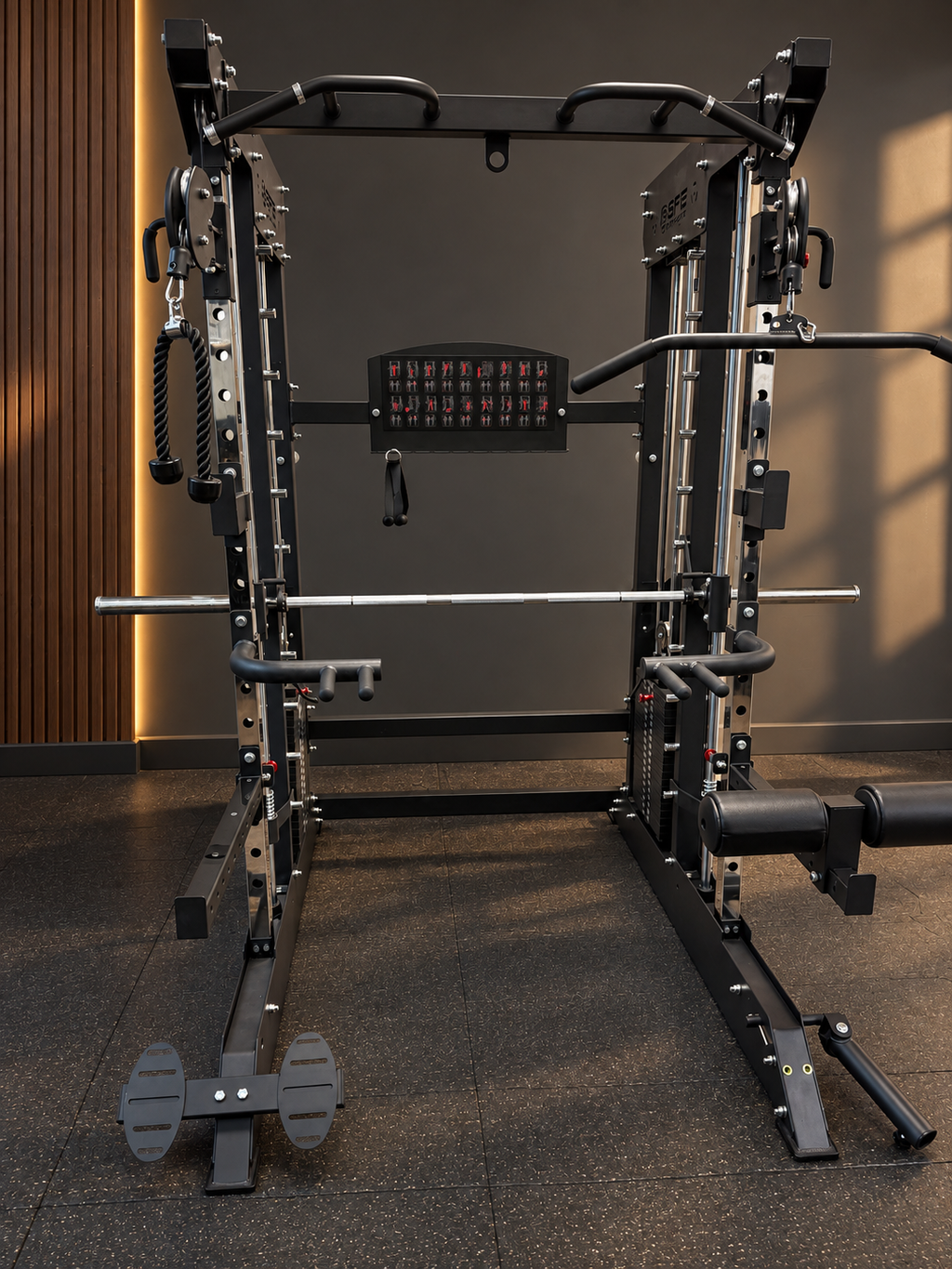 SFE Smith machine and functional trainer in a styled gym