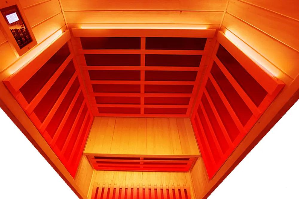 Wizzisaunas SH02 interior with red lighting