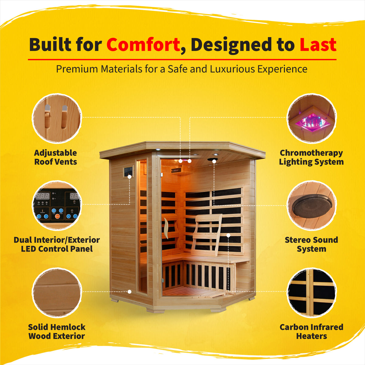 Santa Fe 3-Person Hemlock Corner Infrared Sauna with 7 Carbon Heaters