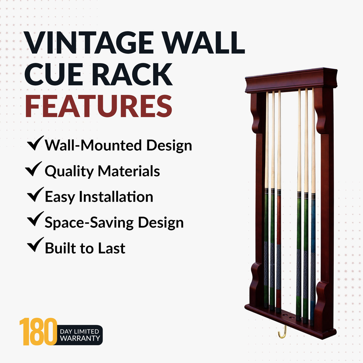 Vintage Wall Billiard Cue Rack - Mahogany Finish